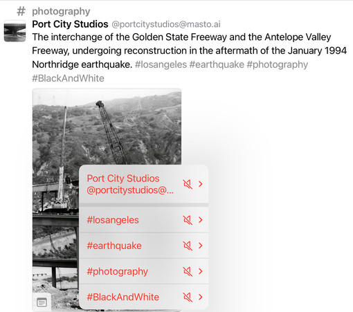 screenshot of a post with all the mute options available in that post in a menu 

# photography
Port City Studios @portcitystudios@masto.ai
The interchange of the Golden State Freeway and the Antelope Valley Freeway, undergoing reconstruction in the aftermath of the January 1994 Northridge earthquake. #losangeles #earthquake #photography
#BlackAndWhite
Port City Studios
@portcitystudios@...
#losangeles
#earthquake
#photography
#BlackAndWhite