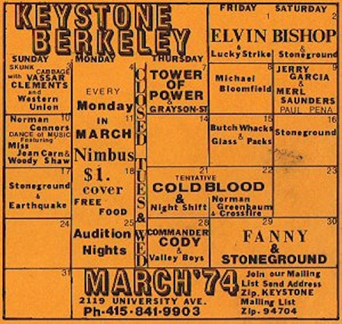 Keystone Berkeley March 1974 schedule