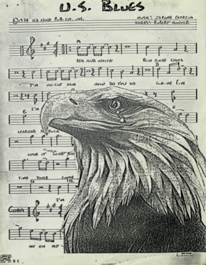 handwritten sheet music for US Blues with eagle imposed over sheet music