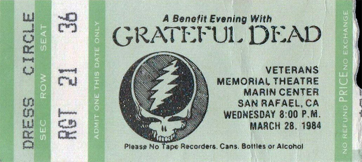 green ticket stub for A Benefit Evening With Grateful Dead