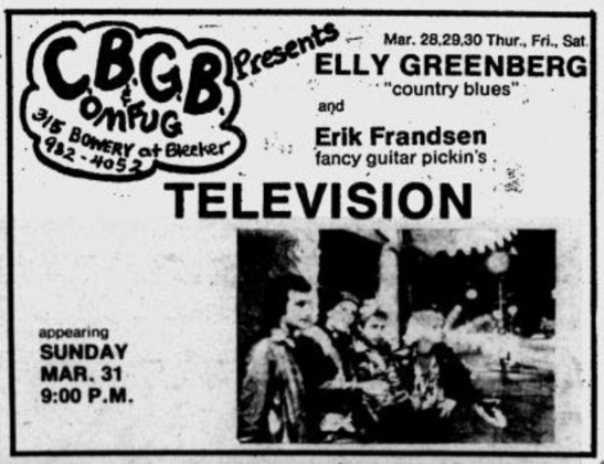 ad for Television at CBGB & OMFUG, Sunday Mar. 31, 9:00 PM