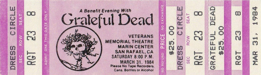 pink mail order ticket for Grateful Dead Rex Foundation benefit, March 31, 1984