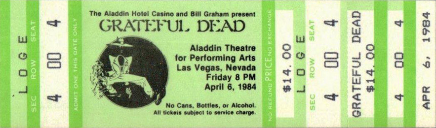 Grateful Dead mail order ticket on green stock with Shakedown Street guy
