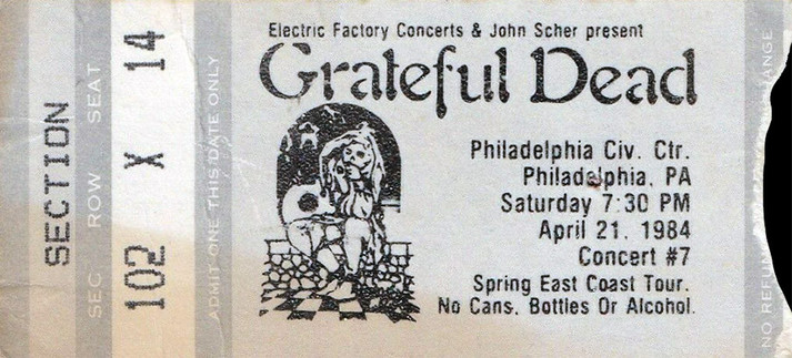 Grateful Dead mail order ticket on grey ticket stock with jester art