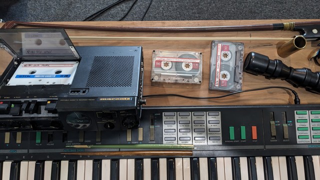 keyboard with cassette deck on top