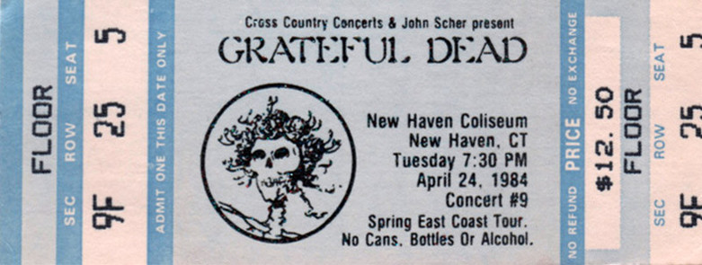Grateful Dead mail order ticket on light blue ticket stock with Skull & Roses