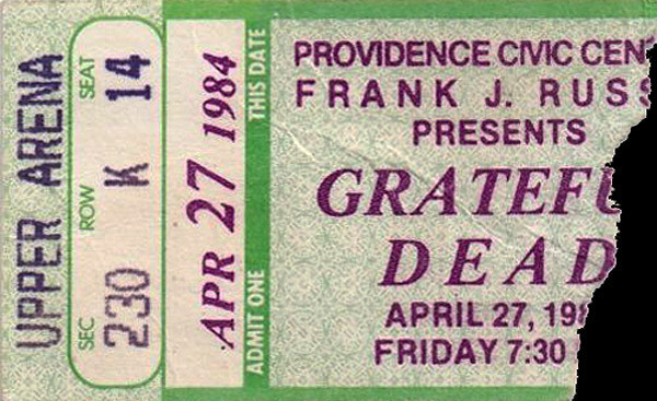 ripped ticket for the Grateful Dead in Providence on green ticket stock