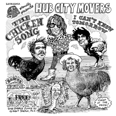 Hub City Movers single cover, drawing of chickens with human heads