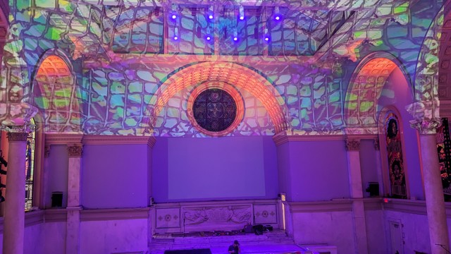 light show on church ceiling