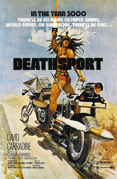 Deathsport poster, scantily clad dude holds space sword aloft over futuristic motorcycle