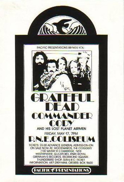 black and white ad for Grateful Dead & Commander Cody at PNE Coliseum, May 17th, 1974