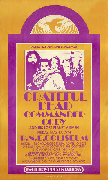 golden road & purple ad for Grateful Dead & Commander Cody at PNE Coliseum, May 17th, 1974