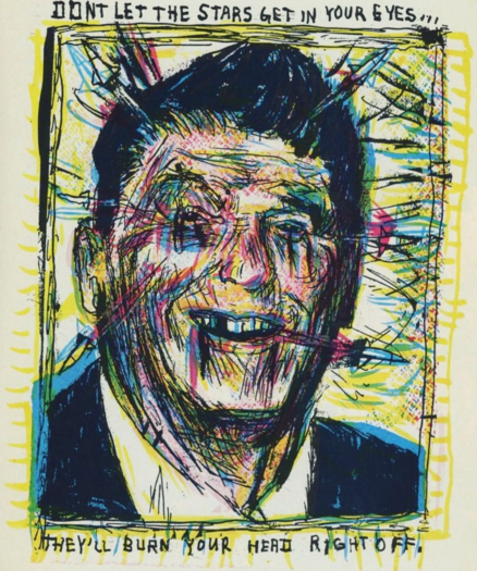 Cartoon Ronald Reagan, crying blood, with caption from post