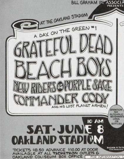hand drawn Randy Tuten ad for A Day On the Green #1 at the Oakland Stadium, Grateful Dead, Beach Boys, New Riders of the Purple Sage, Commander Cody, Sat June 8 at Oakland Stadium