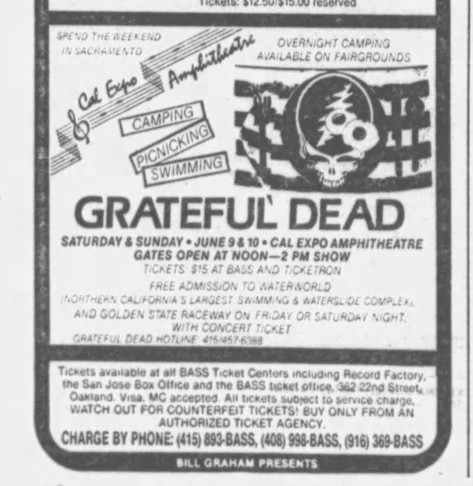 Cal Expo Amphitheater ad for the Grateful Dead advertising overnight camping, picnicking, swimming