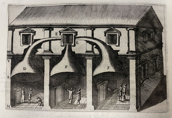Kircher illustration of multi-room acoustic listening device