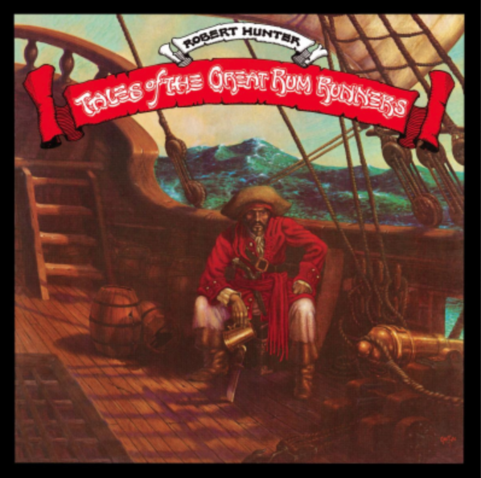 Tales of the Great Rum Runners; a pirate sits on the deck of a ship with emerald sea behind