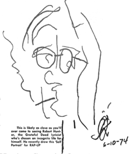 handdrawn self-portrait of man with long hair and glasses smoking a cigarette