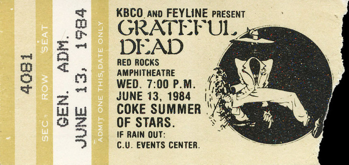 Grateful Dead mail order ticket on lemon ticket stock, KBCO and FEYLINE present GRATEFUL DEAD Red Rocks Amphitheatre; illustration of Shakedown Street hipster ghost