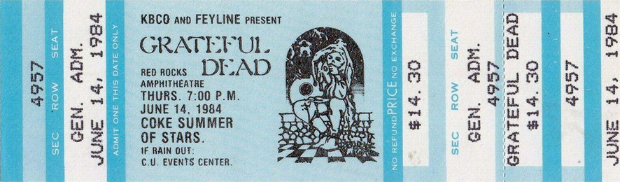 Grateful Dead mail order ticket on sky blue ticket stock with jester art
