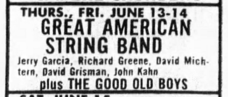 newspaper ad for the Great American String Band at Keystone Berkeley specifying band members