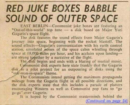 Billboard news clipping titled Red Juke Boxes Babble Sound of Outer Space