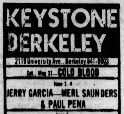 newspaper ad for Keystone Berkeley listing Jerry Garcia and Merl Saunders on June 3rd & 4th