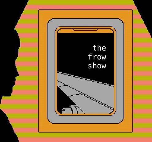computer art of silhouette staring out airplane window at night, the frow show written in the sky