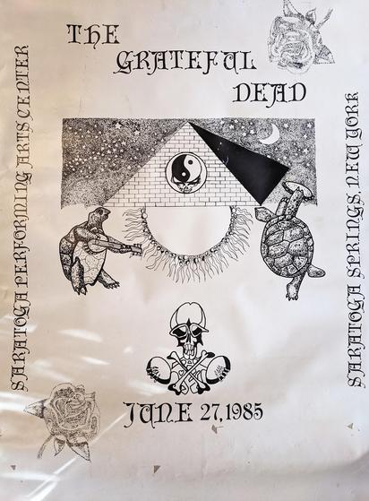 fan made poster for Grateful Dead with pyramids, turtles, roses, etc. for Saratoga Performing Arts Center