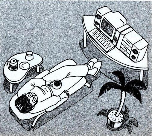 illustration: man reclines with a mug of tea in front of a computer with stereo speakers, next to a potted palm