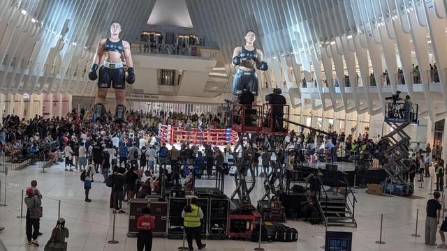 world trade center freedom mall with inflatable wrestlers and wrestling ring