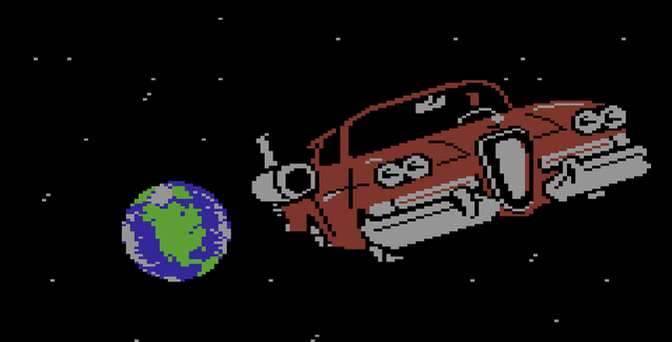 video game illustration of turbo charged convertible traveling through space with earth receding into the stars