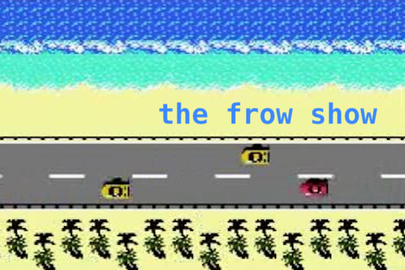 video game screencap with ocean, breakers, beach, road with cars, and palm trees