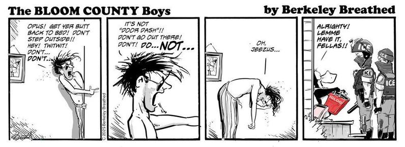 comic strip, Opus the Penguin about to be abducted by ICE