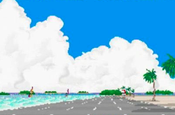 a video game highway, empty road, blue bay with windsurfers, palm trees, big white cloud(s)