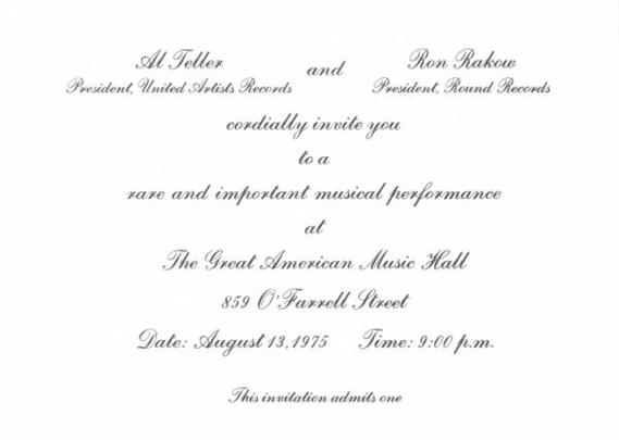 formal invitation to the Grateful Dead at the Great American Music Hall