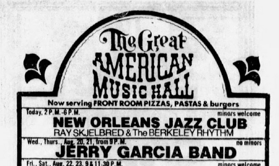 newspaper ad for Great American Music Hall featuring Jerry Garcia Band