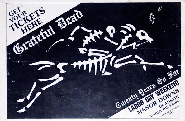 newspaper ad for Grateful Dead at Manor Downs; skeleton riding a skeleton horse