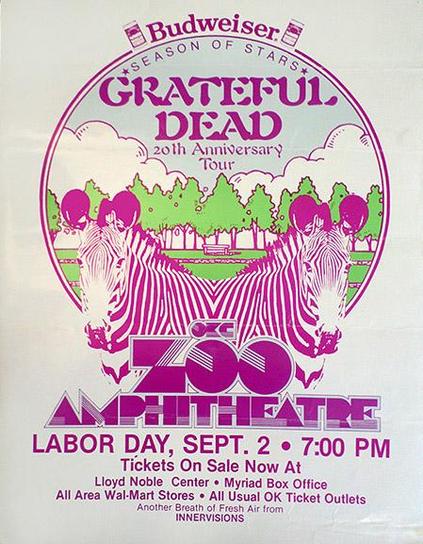 poster for Grateful Dead at Zoo Amphitheatre, featuring mirrored zebras