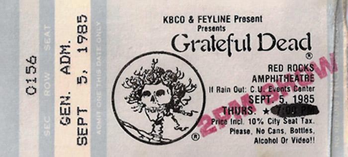 powder blue Grateful Dead mail order ticket for Red Rocks, stamped 2PM SHOW in red