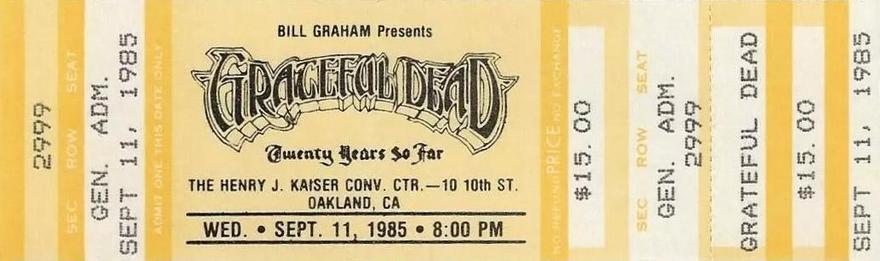Grateful Dead mail order ticket on goldenrod ticket stock with Twenty Years So Far logo
