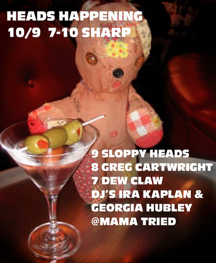 info card featuring teddy bear with martini glass; 9 Sloppy Heads, 8 Greg Cartwright, 7 Dew Claw, DJ's Ira Kaplan & Georgia Hubley