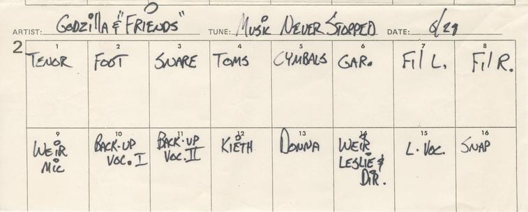 tracking sheet for Music Never Stopped in Bobby Weir's handwriting with Godzilla & Friends written as artist name