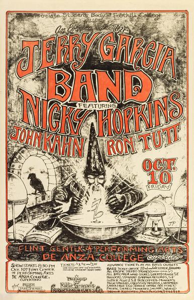 lush handdrawn poster for Jerry Garcia Band by Jake Pierre, depicting wizard/alchemist