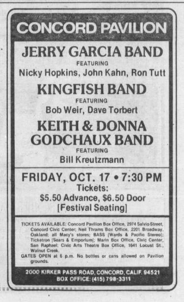newspaper ad for Jerry Garcia Band, Kingfish, and Keith & Donna Godchaux Band in Concord