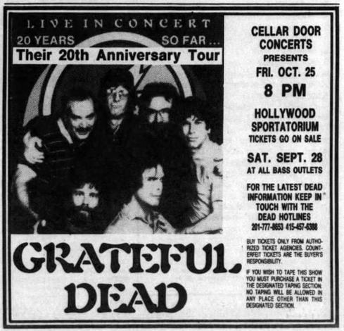 newspaper ad for Grateful Dead 20th Anniversary Tour at the Hollywood Sportatorium