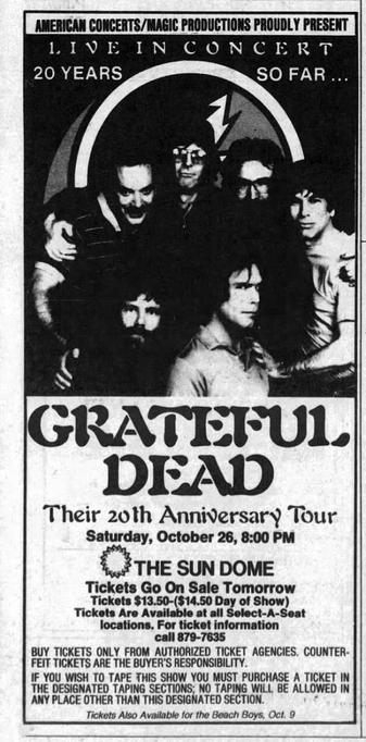 newspaper ad for Grateful Dead at Sun Dome