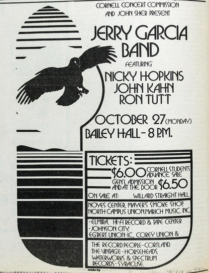 poster for Jerry Garcia Band, October 27, Bailey Hall