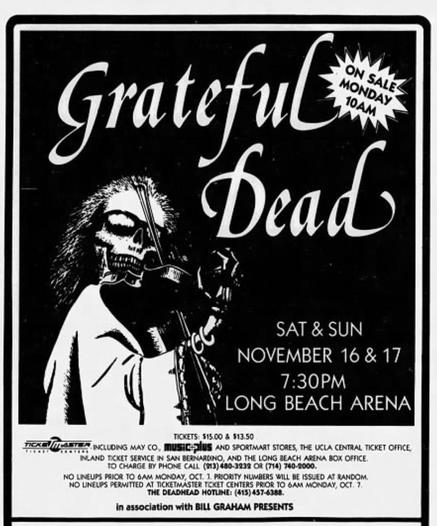 newspaper ad for Grateful Dead at Long Beach Arena, November 16 & 17, featuring Blues For Allah fiddler