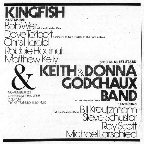newspaper ad for Kingfish and Keith & Donna Godcahux Band in Boston